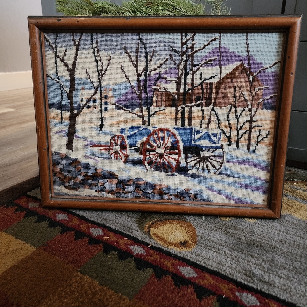 Winter Scene Vintage Needle Point Art in Wooden Frame